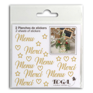 Autocollant Mariage Menu Merci or 2 planches 10 x 10 cm